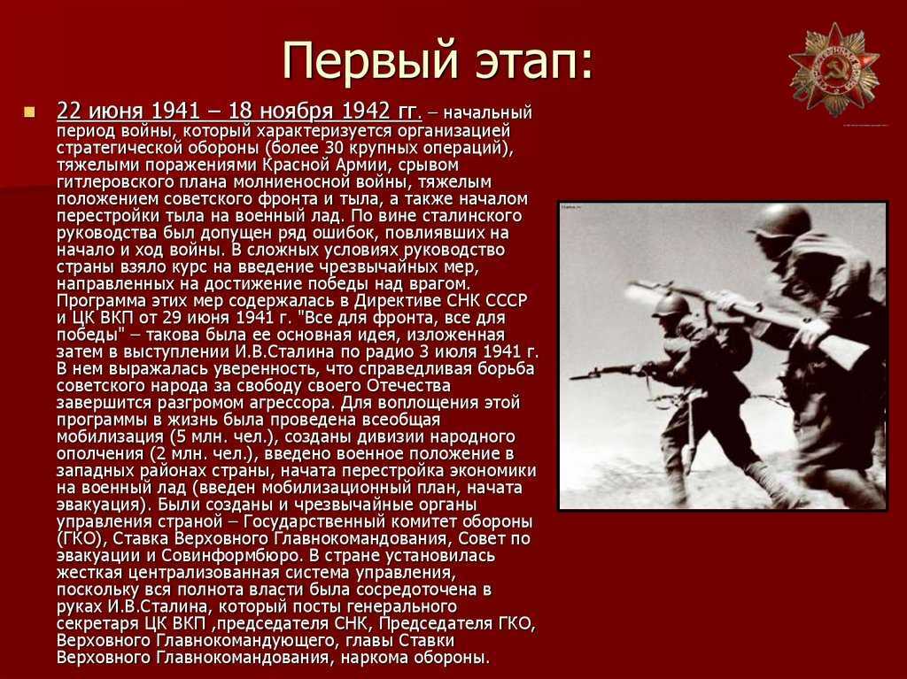 Второй этап великой. Этапы ВОВ 22 июня 1941 18 ноября 1942. 1 Этап Великой Отечественной войны. Первый период Великой Отечественной войны.