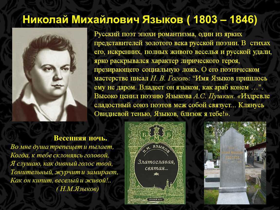 Писатель н языков. Николая Михайловича Языкова.