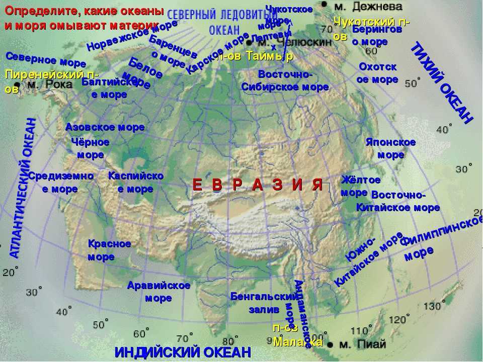 Какие крупные реки в евразии. Карта Евразии с заливами и проливами морями Океанами. Географическое положение Евразии моря заливы проливы. Евразия моря заливы проливы острова полуострова. Моря океаны заливы проливы Евразии.