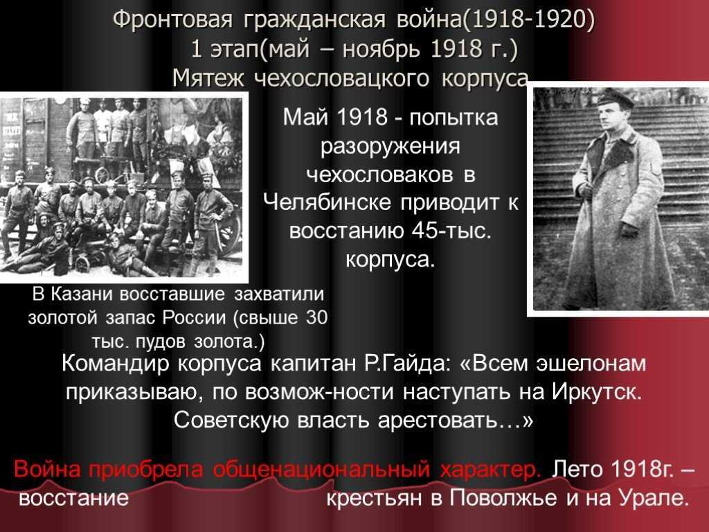 Гражданское восстание в россии. Мятеж чехословацкого корпуса 1918. Первый этап гражданской войны (май - ноябрь 1918 г.). Мятеж чехословацкого корпуса 1920.