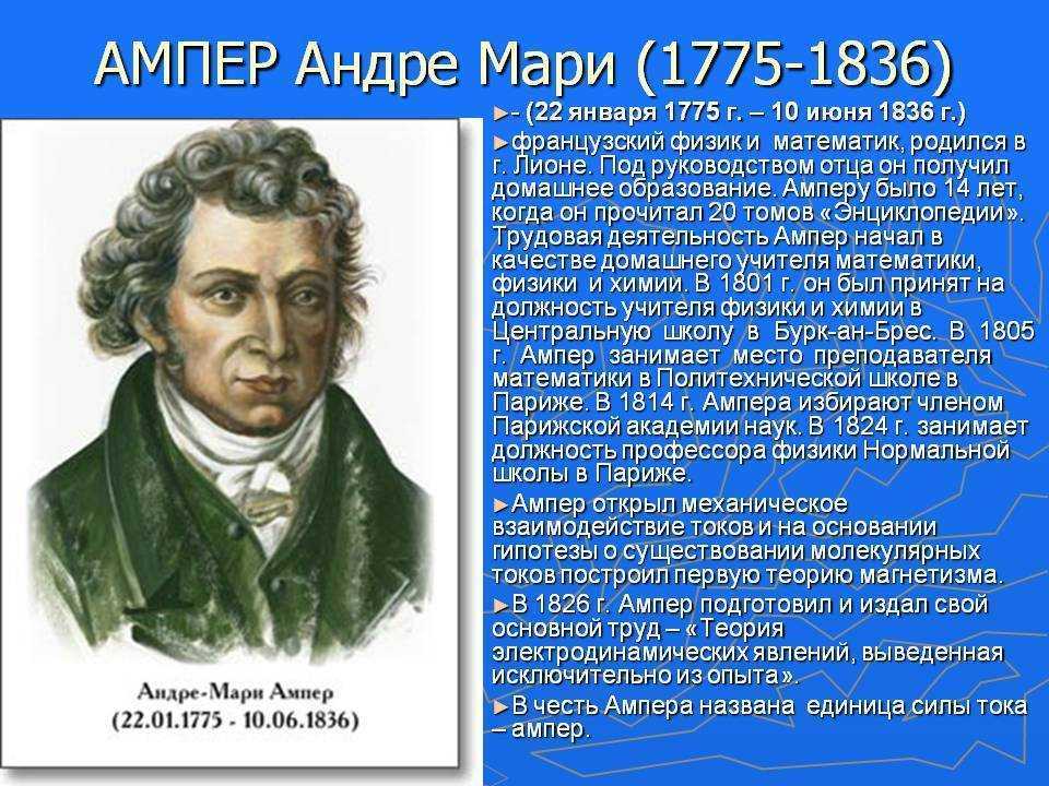 Андре-Мари Ампер 1775-1836 – французский физик, математик, химик и естествоиспытатель Автор первой теории, выражающей связь электрических и магнитных